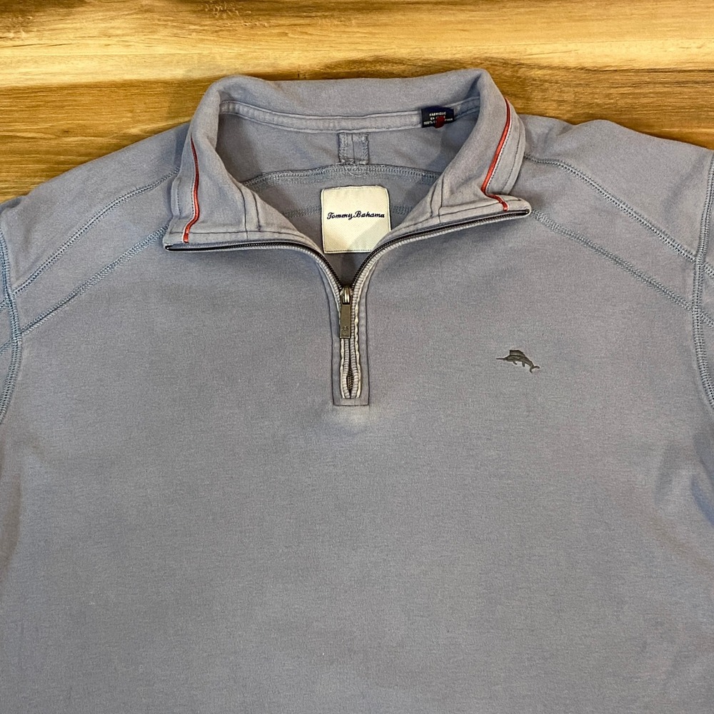 Tommy Bahama Mens Quarter Zip Pullover Sweatshirt Light Blue Pima Cotton Size XL